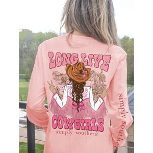 Simply Southern Long Sleeve Cowgirls Graphic Tee‎ Peach Western Tee Womens L NWT